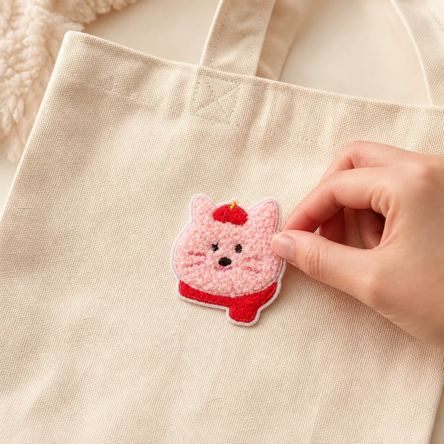 A hand positioning a pink chenille kitty patch on a canvas tote