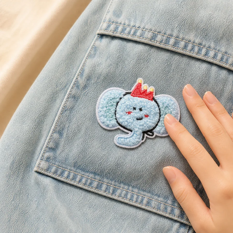 A finished blue elephant chenille patch attached to denim