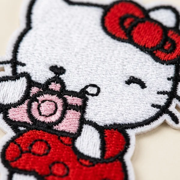 Close-up of polyester embroidery thread and the stitched border on the cartoon cat iron-on patch.